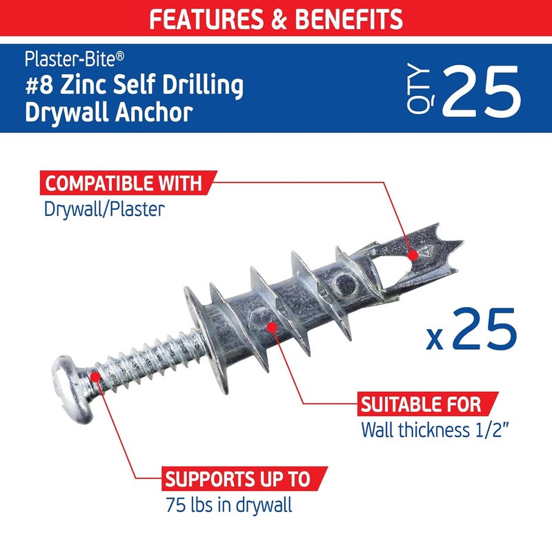 FixMaster Zinc Plaster Bite Self-Drilling Drywall Anchors w/Screws (25 Anchors & 25 Screws) – Heavy Duty Zinc Hollow Wall Anchor Kit for 3/8", 1/2", 5/8" Drywall – 75 lbs Holding Strength - Image 2